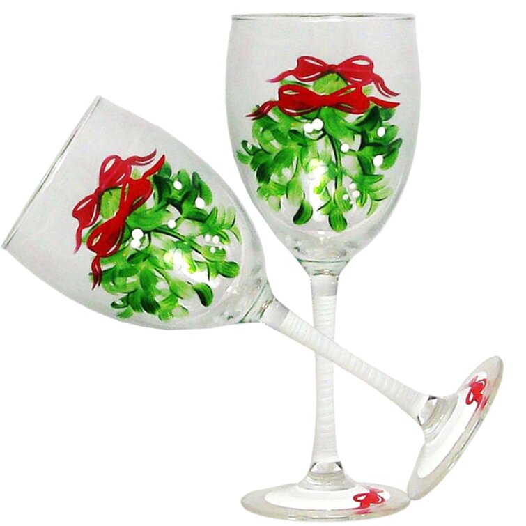Crafted Creations Set of 2 Green Floral Hand Painted Margarita Stemware  Glasses 12 oz. 