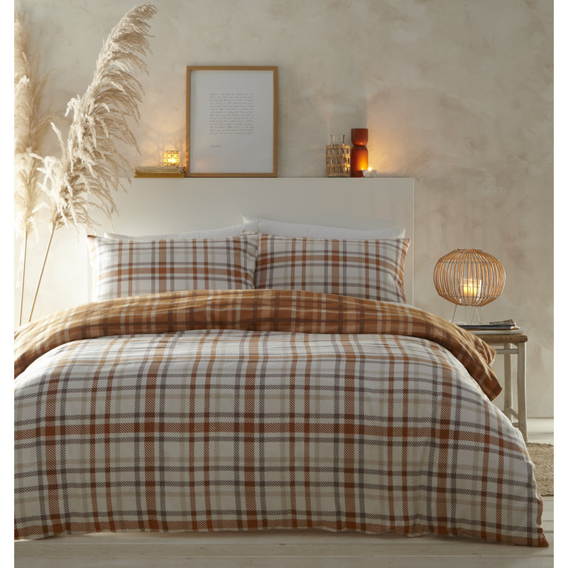 Raffael Flannel Chequered Duvet Cover Set with Pillowcases Included, Kingsize - 2 Standard Pillowcases, Orange