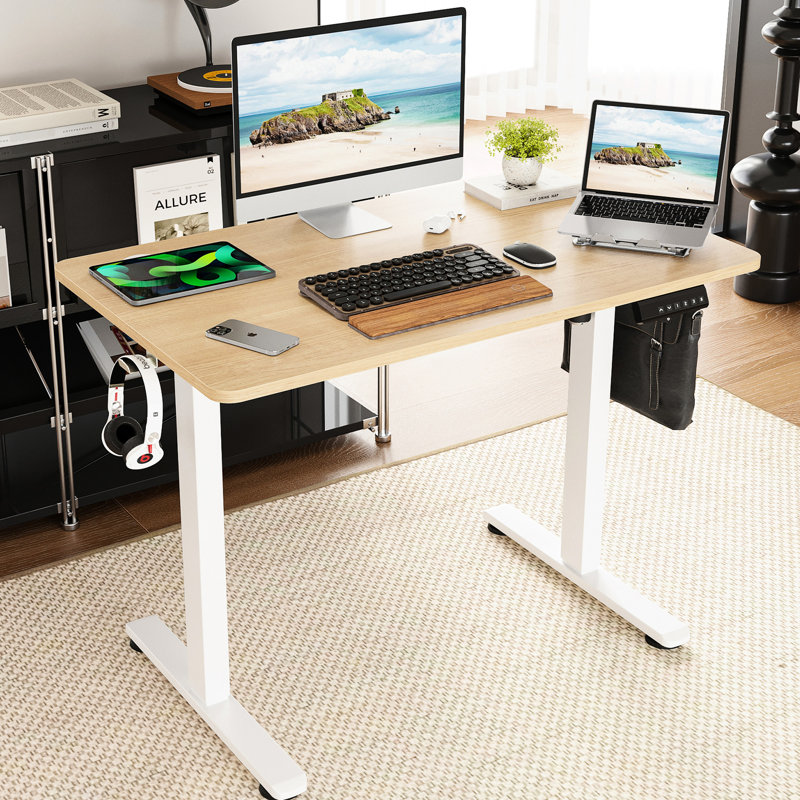 Bureau électrique debout à hauteur ajustable avec plissoir pour bureau à domicile confortable, cadre de 40 po x 24 po, panneau multifonctionnel, changement de posture fréquent, configuration du support assis, planche, acier au carbone