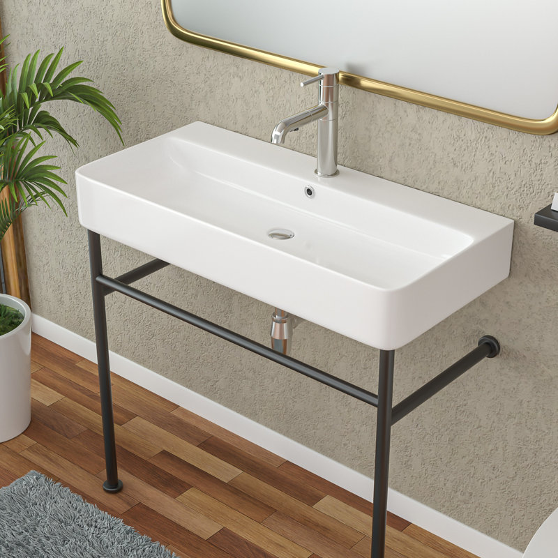 Lavabo console rectangulaire en céramique blanche de 35 po de hauteur avec trop-plein, Noir