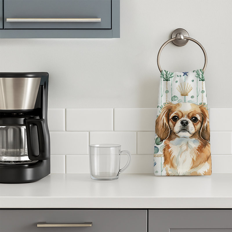 Tibetan Spaniel Coastal Sea Glass Kitchen Towel, Tibetan Spaniel