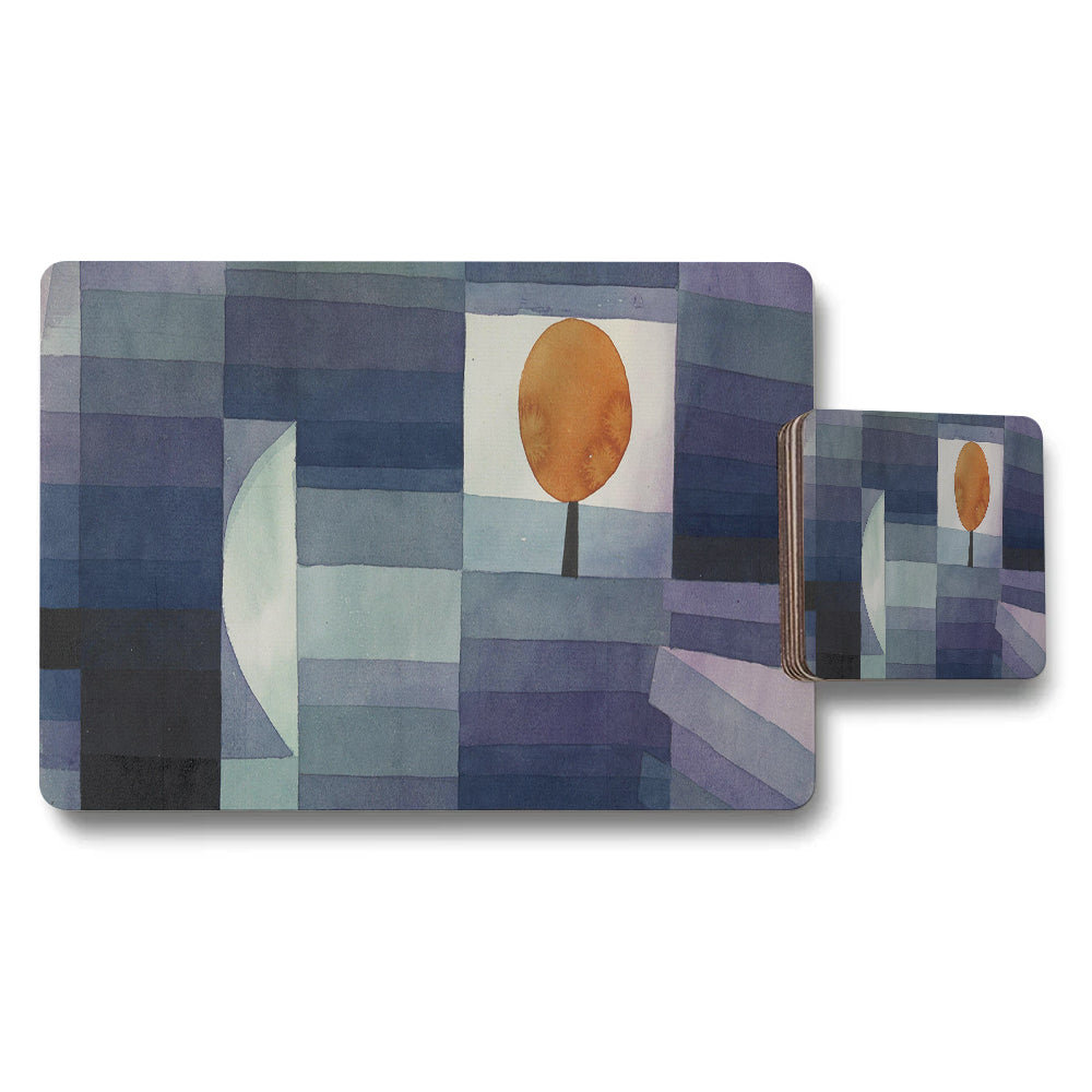Abstract Geometric Placemat And Coaster Set With Orange Sun Design