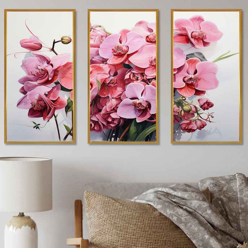 «Pink Orchids Minimalisme Dream» - ensemble d'art mural Orchidées, Cadre flottant doré, H 40 po x l 60 po x P 1 po