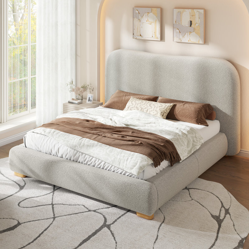 Modern Upholstered Platform Bed with Curved Headboard and Rounded Footboard, Light Gray, Queen