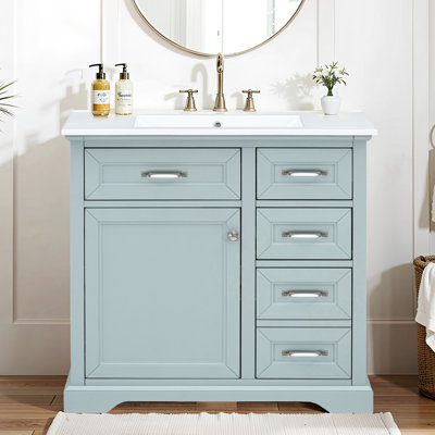 Meuble-lavabo 36 po avec finition gris moderne, lavabo sous-comptoir en céramique, charnières en métal rouille à fermeture en douceur, 2 tiroirs basculants, tablette coulissante réglable pour le rangement 36 +