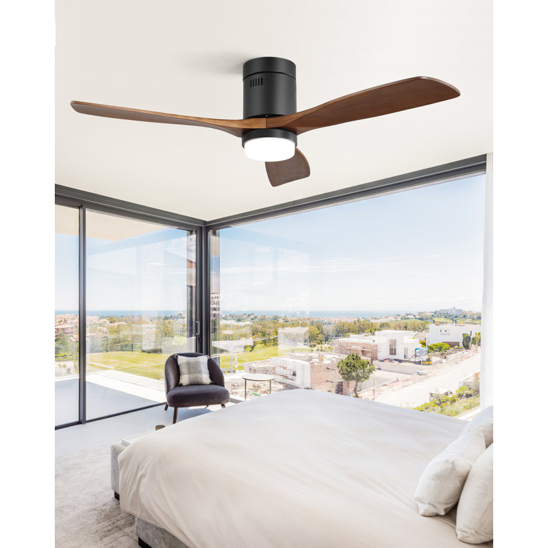 132CM 3 - Blade Wood LED Standard Ceiling Fan with Remote Control and Light Kit Included, Black/Dark Brown Wood Blades