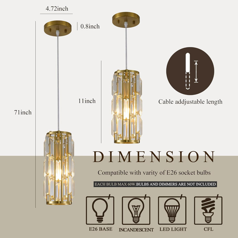 Luminaires suspendus modernes en cristal avec hauteur réglable, mini-lustre à finition dorée pour îlot de cuisine, salle à manger, chambre à coucher, luminaire fixe de base E26 (paquet de 2)