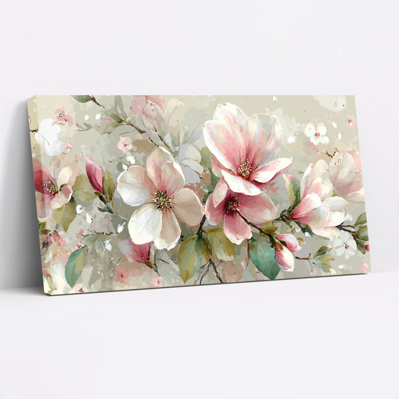 Ensemble de 1 tableau mural aquarelle représentant une fleur de magnolia, H 28 po x l 58 po