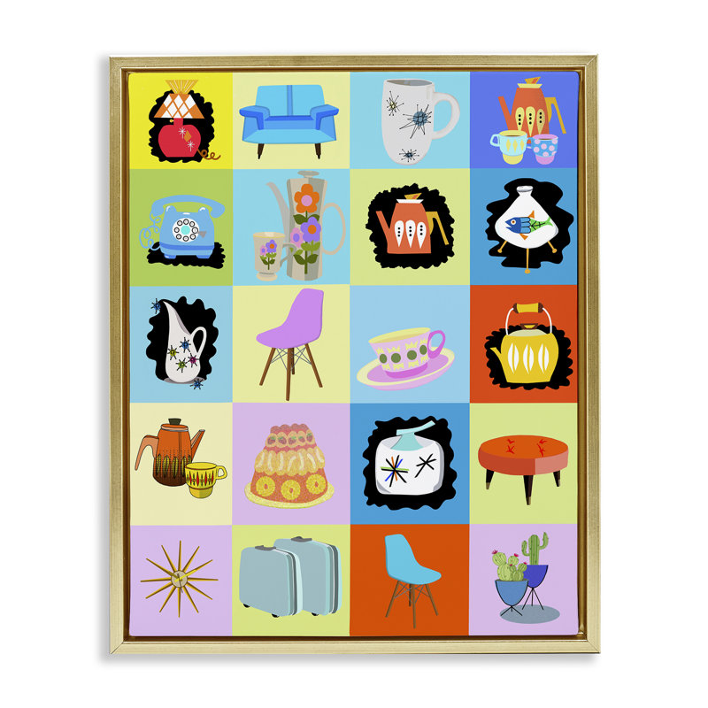 Cadre flottant rétro avec vignettes rétro, design par Lynnda Rakos, H 31 po x l 25 po, Cadre flottant métallique doré