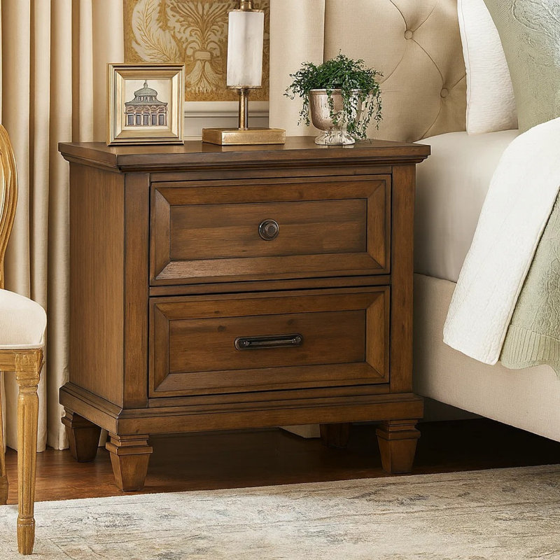 Table de chevet classique Henry, bois d'acacia brun, 2 tiroirs, 29 po