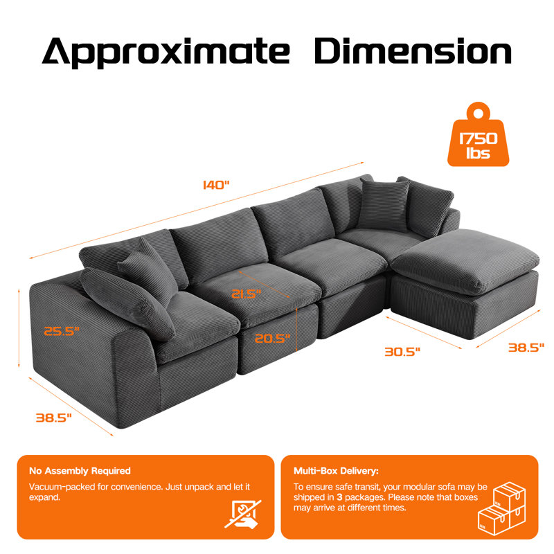 140" Boneless L-Shaped Modular Sectional Sofa with Ottoman, 4 Seat Corduroy Cloud Couch for Living Room, No Assembly Required
