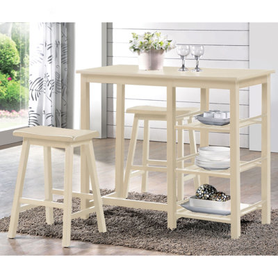Ensemble de salle à manger 3 pièces à hauteur de comptoir avec tablettes, tabourets de selle confortables et ensemble de table de salle à manger en bois durable