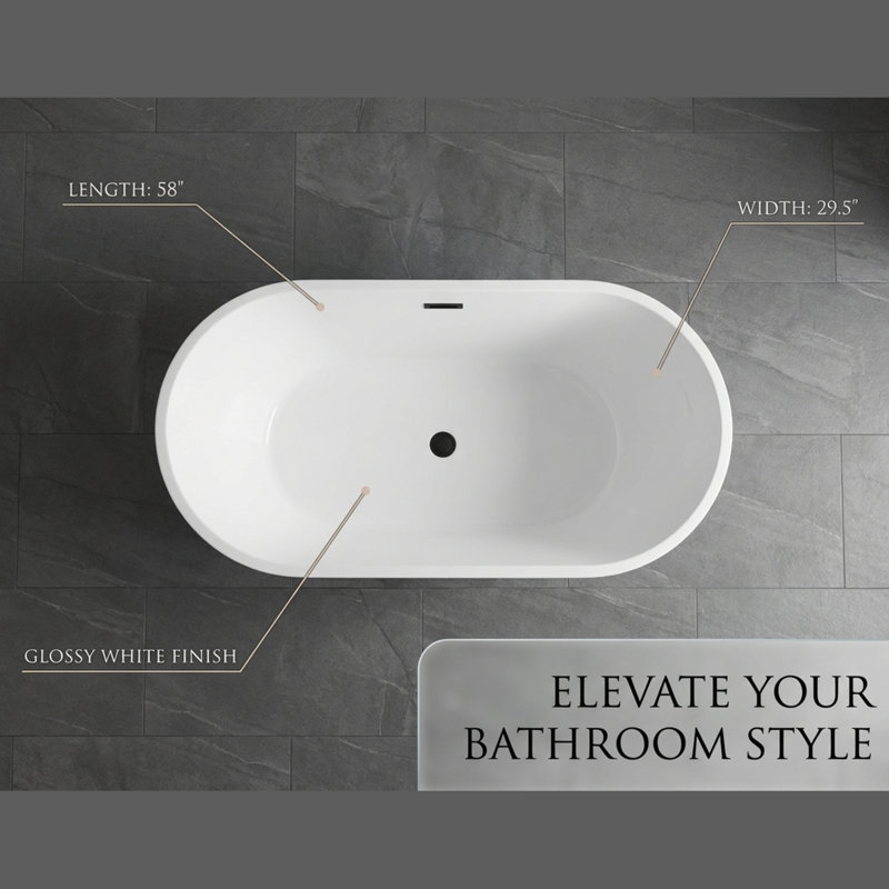 59" Acrylic Freestanding Soaking Bathtub, Gloss White Finish, Black Overflow & Pop-Up Drain, Roll-Top Rim, 119-Gallon Capacity