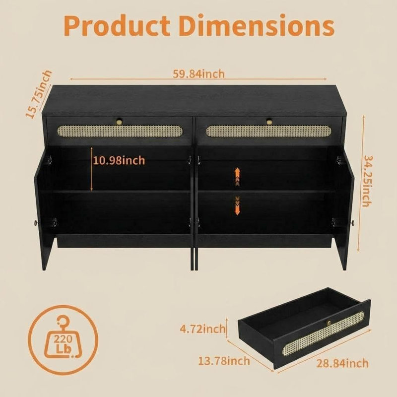 59.84 inch Black Rattan Buffet Sideboard Cabinet with 4 Doors & 2 Drawers - Adjustable Shelf Farmhouse Storage Cabinet for Dining Room, Living Room, Kitchen & Hallway