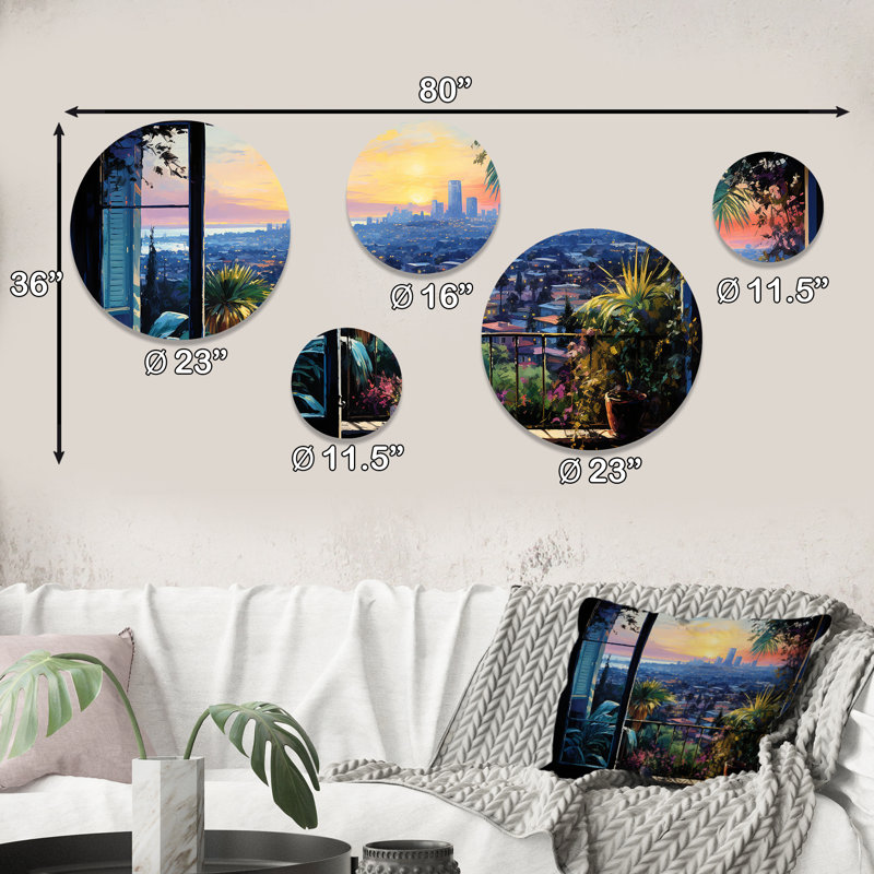 Los Angeles Window View 4 - Ensemble d'art mural rond de Los Angeles, ensemble de 5