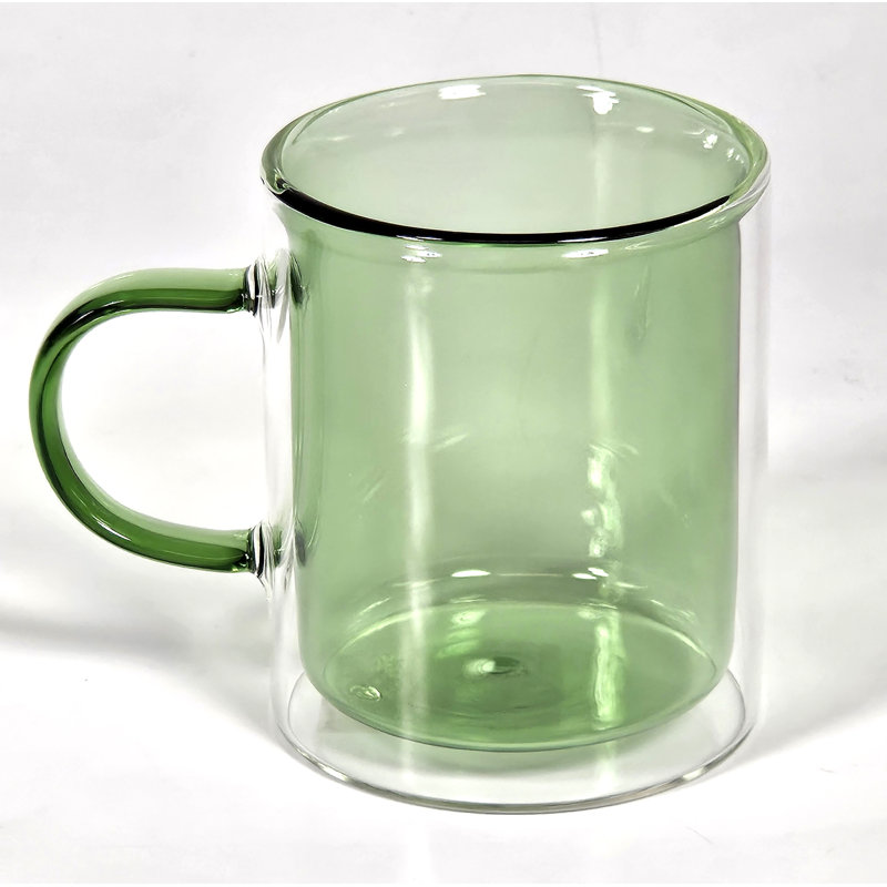  Tasse à double paroi 11 oz avec intérieur en verre coloré et poignée en verre coloré assorti - vert, Vert