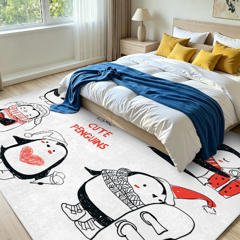 Tapis rouge lavable à la machine avec des pingouins mignons, Rectangle 71 po x 98 po