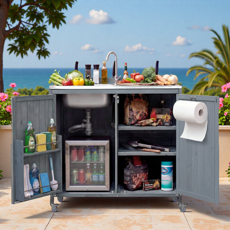 Îlot de cuisine extérieur avec évier en acier inoxydable, supports de rangement internes, tablettes et roues réglables, Gris