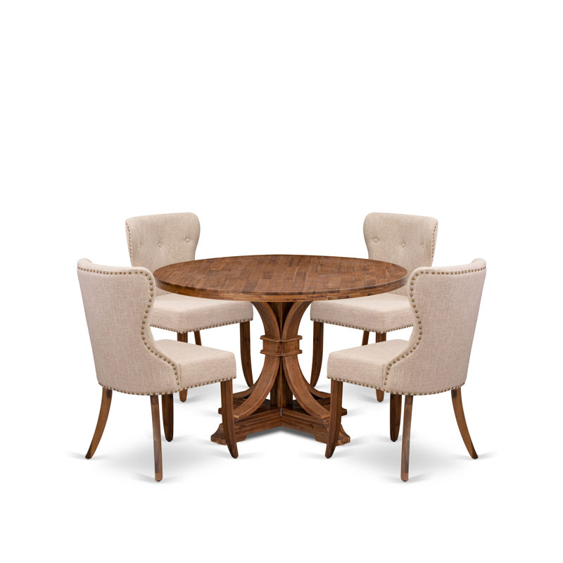 5 Piece Dining Table Set Includes a 48" Round Table with Pedestal and 4 Light Tan Linen Fabric Parson Chairs, Antique Walnut