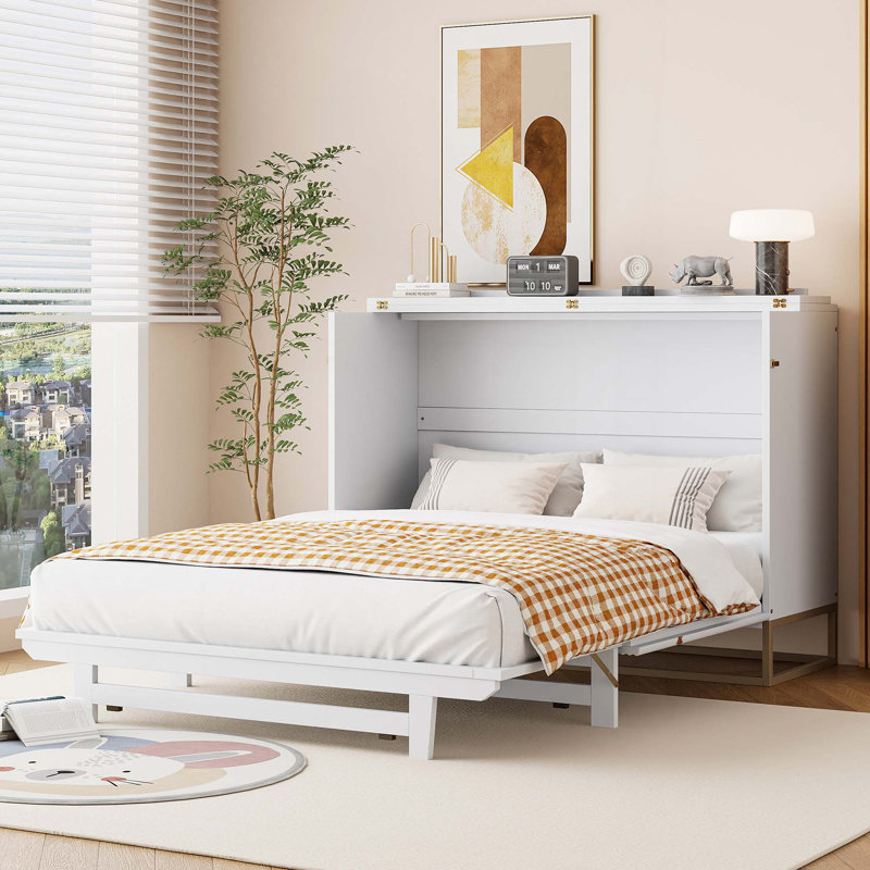 Murphy Bed with frosted glass doors design, fake drawers, White