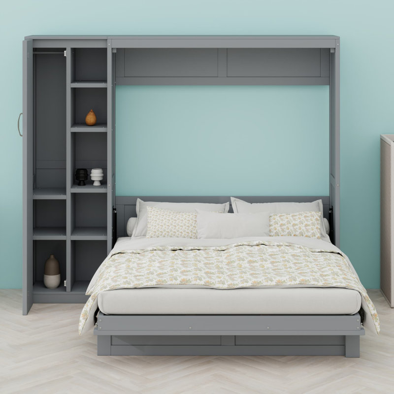 Lit escamotable mural avec tablettes Murphy, Gris, Grand lit