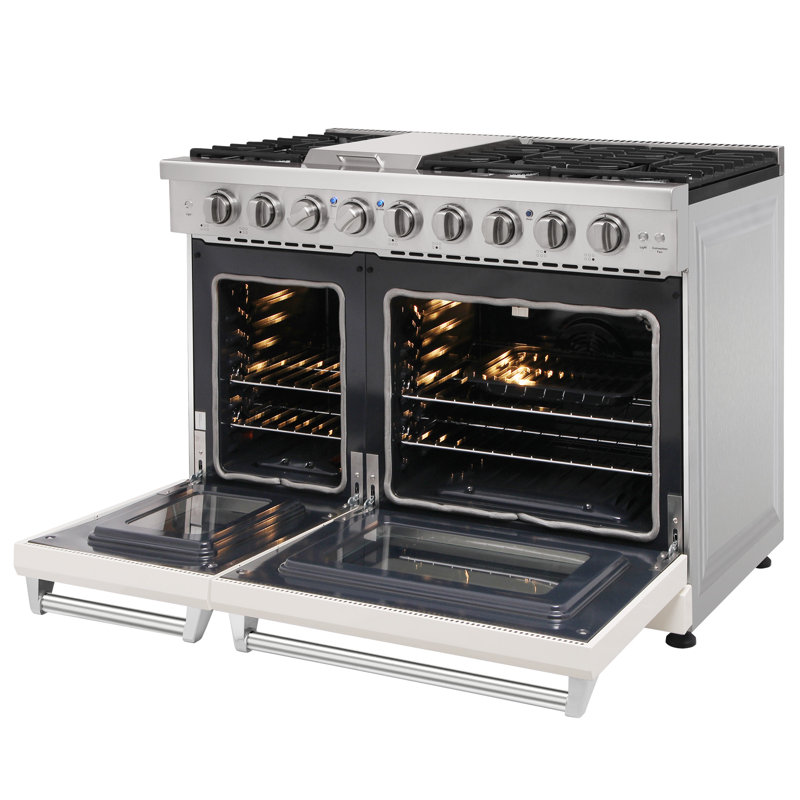 Cuisinière à gaz 48 po avec 6 brûleurs et 1 plaque chauffante Kostch, four double 4,6 et 2,2 pi³, Blanc, Propane liquide