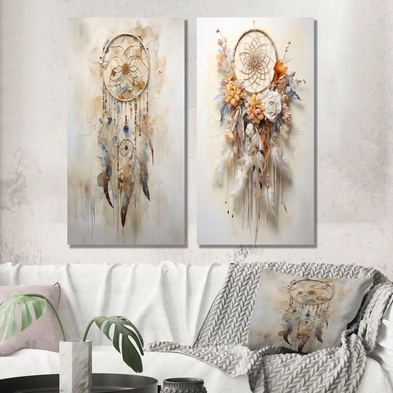 Capteur de rêves enchanteur beige - ensemble de 2 décorations murales en métal Dream Catcher, H 28 po x l 24 po