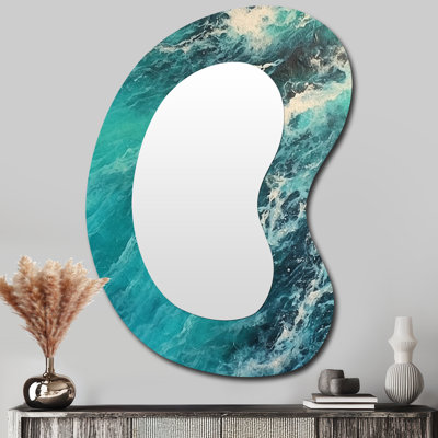 Finneus Aerial View Photograph Turquoise Waves Breaking VI - Waves Asymmetrical Large Wall Mirror, Blue Irregular Shape Unique Mirror, Printed Metal Art