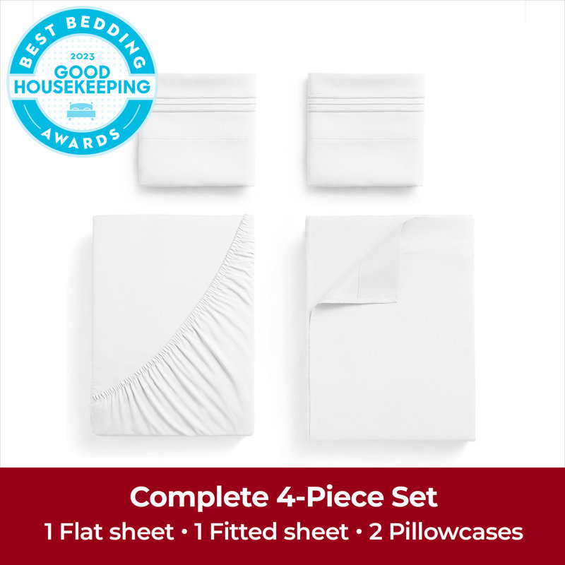 Ensemble de draps Mellanni 1800, Ensemble de draps pour grand lit avec 2 taies d'or, Blanc