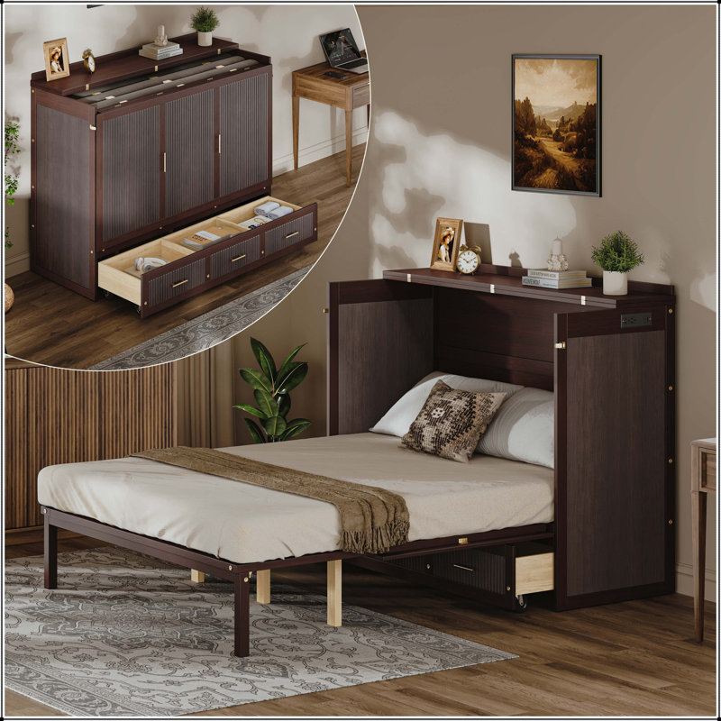 Grand lit escamotable avec chargement USB et tiroirs, Coffee