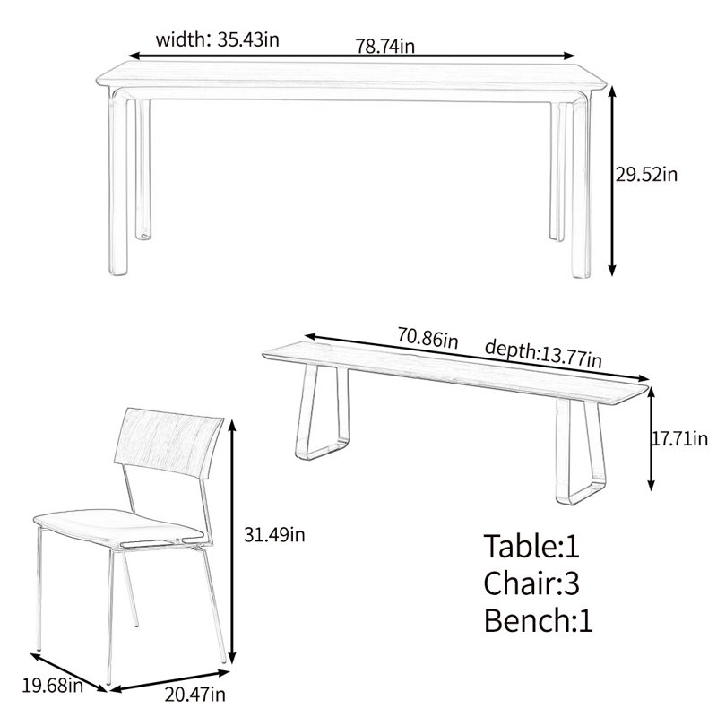 High quality solid wood table set, 29.52"H x 78.74"L x 35.43"W