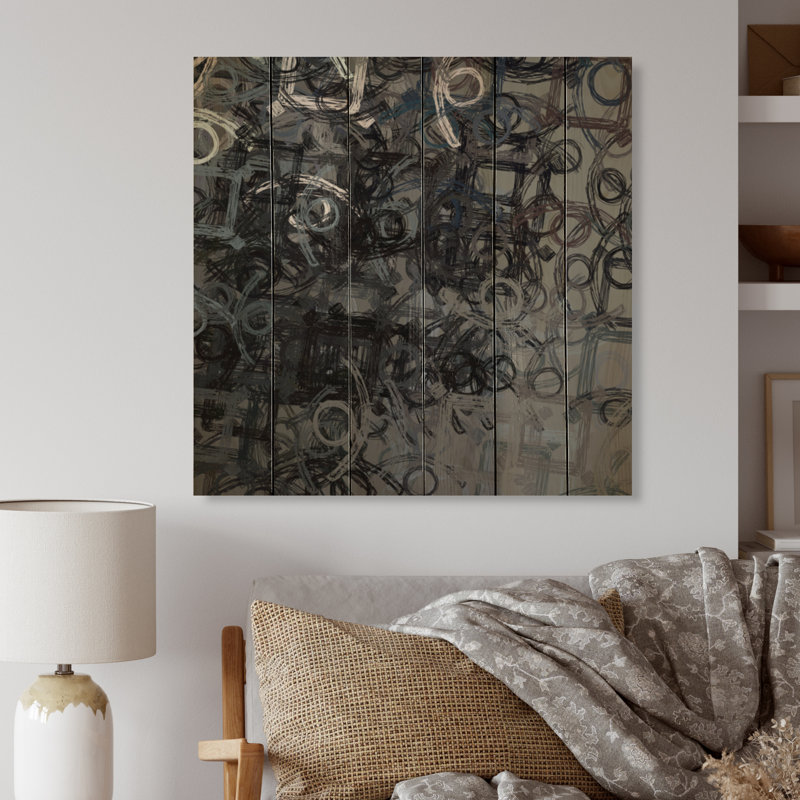 Art en cercle noir et gris - peinture sur bois sans cadre, H 36 po x l 36 po x P 1 po