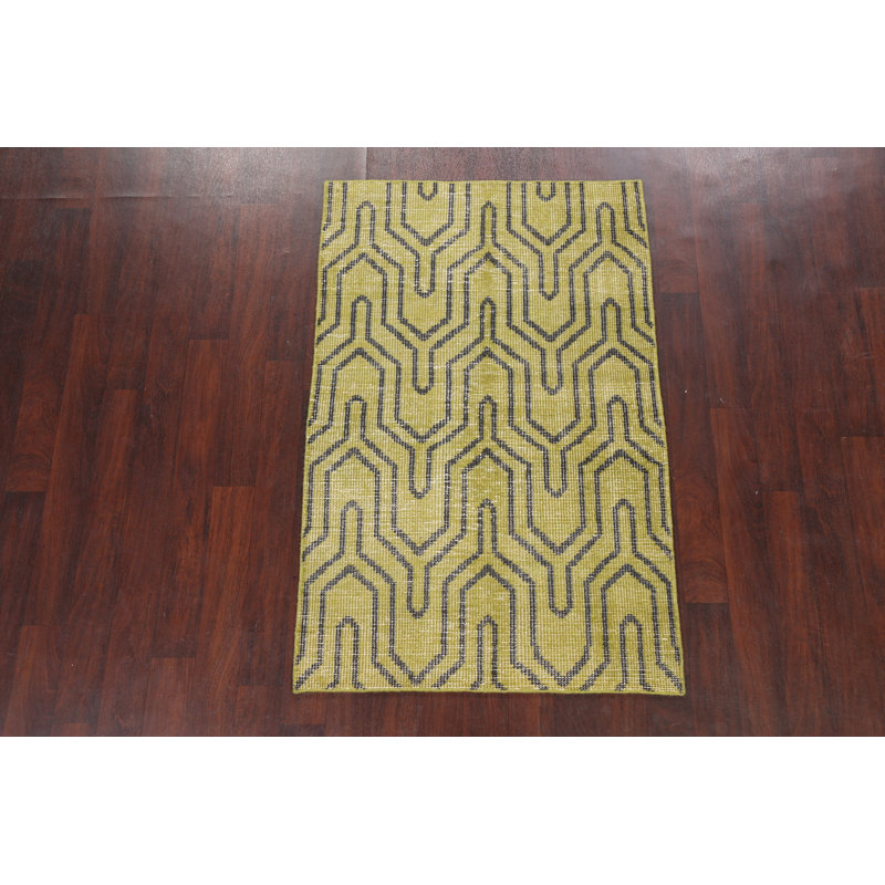 Tapis vert en laine noué à la main de conception unique 3 pi 6 po x 5 pi 6 po