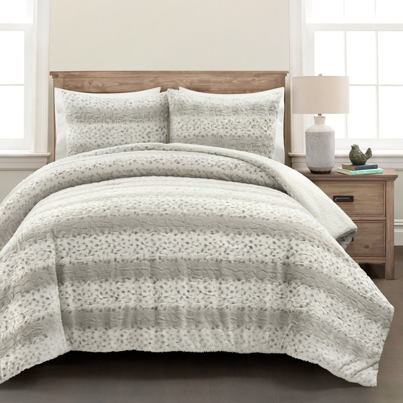 Leopard Faux Fur 3 Piece Comforter Set, Gray, Queen