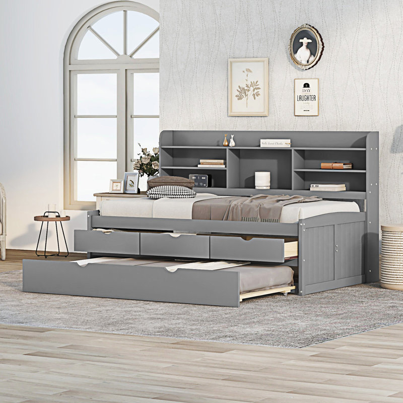 Wooden Captain Bed with Built-in Bookshelves, Grey