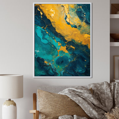Golden Sunset over Teal Ocean Abstract Painting - Print on Canvas
