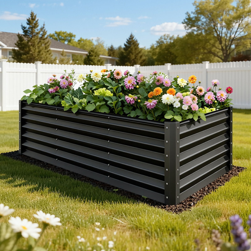 Galvanized Raised Garden Bed With Gloves, Black, 36" H x 96" W x 48" D