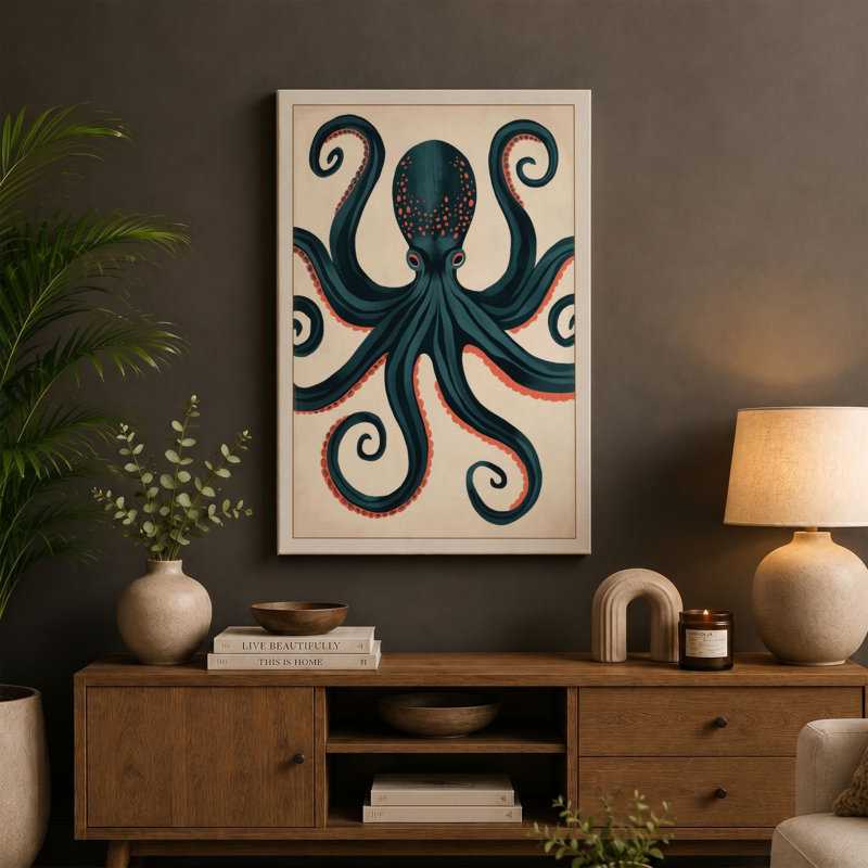 Geometric Octopus Coastal - Wrapped Canvas, Sage Border, 30x20 - 76.2 x 50.8 cm