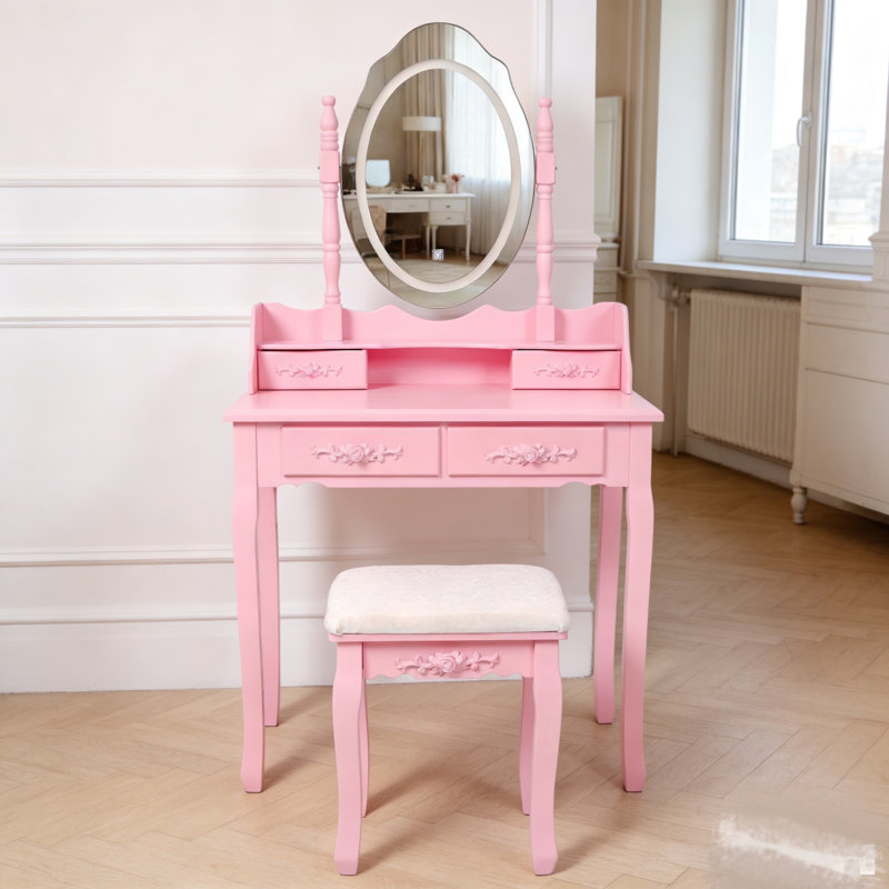 Pink Princess Vanity Desk Set With Mirror & Cushioned Stool,With Built-In Led Light Strips,4-Drawer Wooden Makeup Vanity Table For Girls' Bedroom, Dressing Table With Ample Storage,Pink