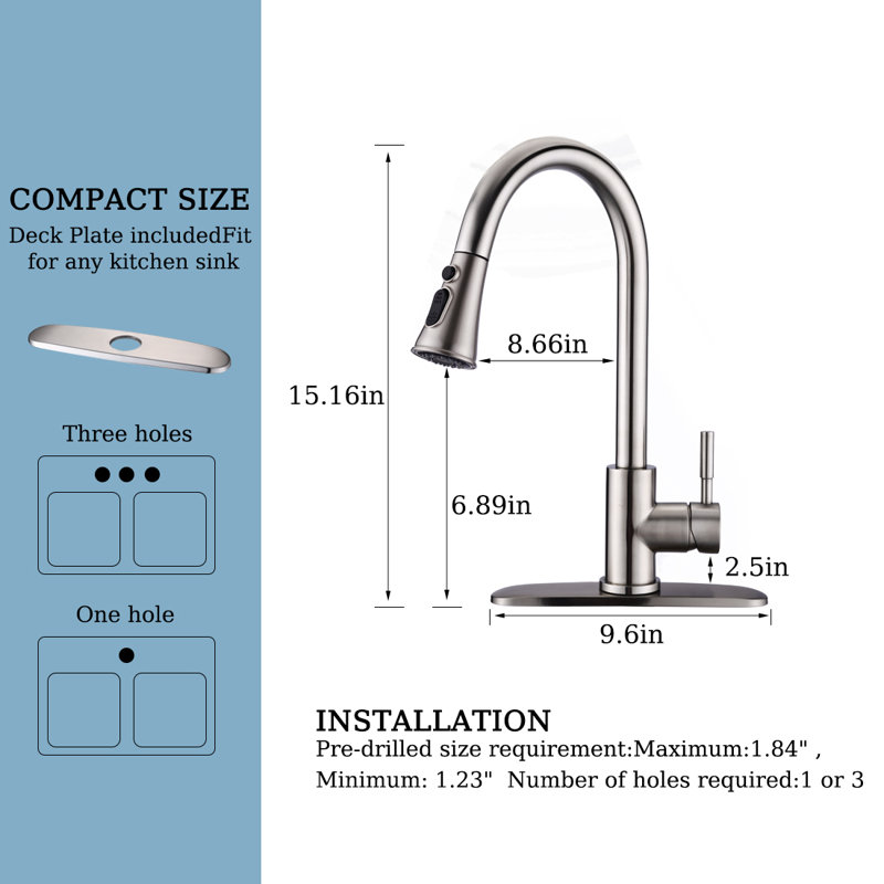 BATHLET Ledbetter Pull Down Kitchen Faucet, Brushed Nickel