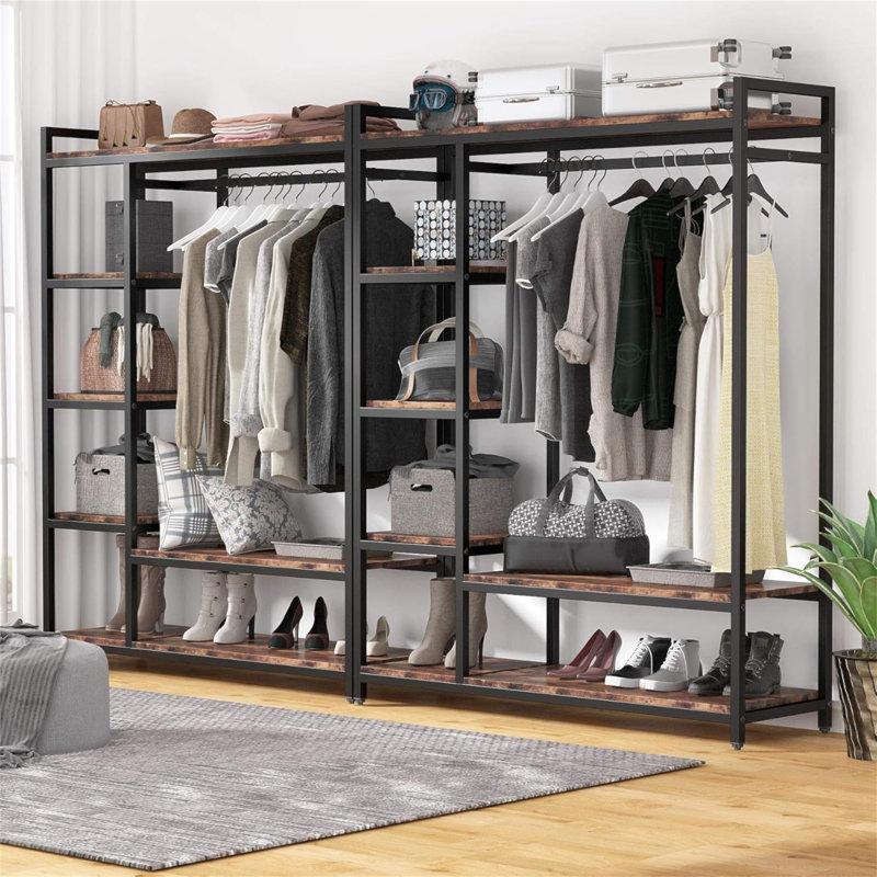 Organisateur de garde-robe autoportant brun rustique 47,24 po avec 6 tablettes de rangement et barre de suspension, grand portemanteau pour vêtements