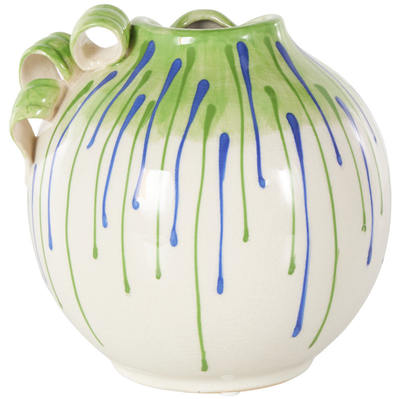 Vase décoratif abstrait en céramique blanc avec motif goutte et poignées vertes et bleues