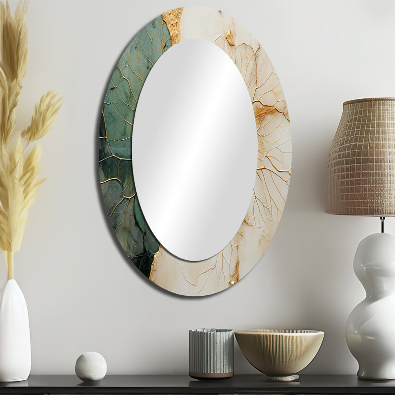 Green Gold Minimalisme Poteries I - Grand miroir mural ovale sur métal, 36 po x 24 po