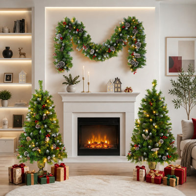 Ensemble de 3 pièces de Noël artificielles pré-éclairées avec guirlande et 2 arbres d'entrée, lumières DEL