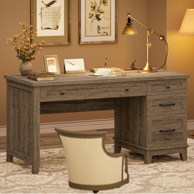 53.5" Farmhouse Home Office Desk with File Cabinet, Wooden Executive Desk with Power Outlet, Work Desk with Drawers,Rectangular Study and Writing Table for Home and Office.