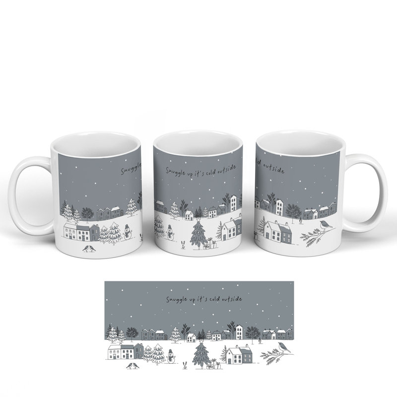 Snuggle Up Festive Snowy Scene Line Illustration Monochrome Ceramic Classic Mug