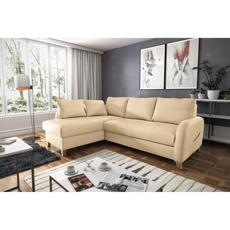 Alvaretta Leather Corner Sofa with Sleeping Function and Underseat Storage , Beige, Left Hand Facing