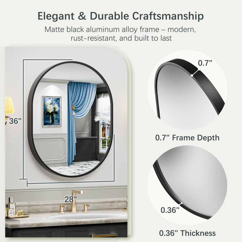 Matte Black Oval Vanity Mirror with Aluminum Alloy Frame, HD Tempered Glass, French Cleat Mounted Wall Decor Bathroom Vanity Mirror