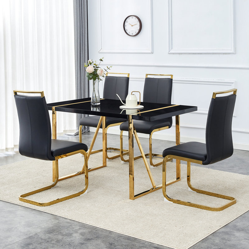 Donnetta 5-Piece Modern Rectangular Engineered Wood Dining Set with Faux Leather Chairs, Black/Gold, Black