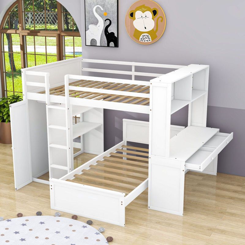 Crone Full Over Twin 2 Drawers Wood Bunk Bed with Shelves,Desk and Wardrobe, White